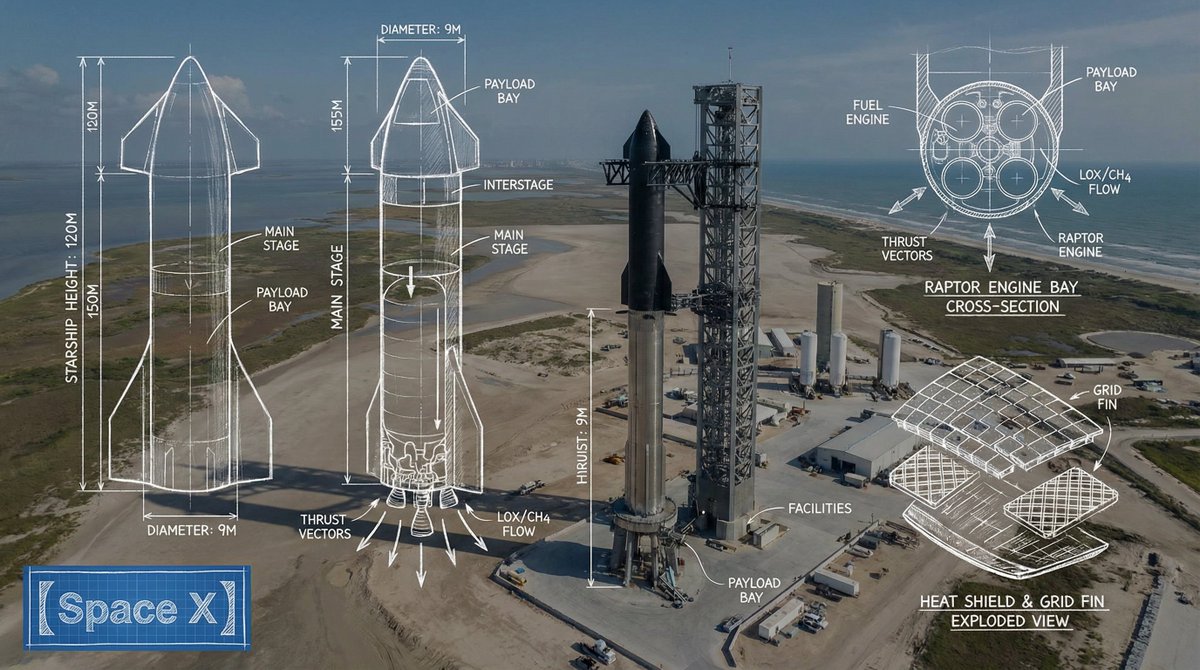 Schema ingegneristico e planimetrie di SpaceX