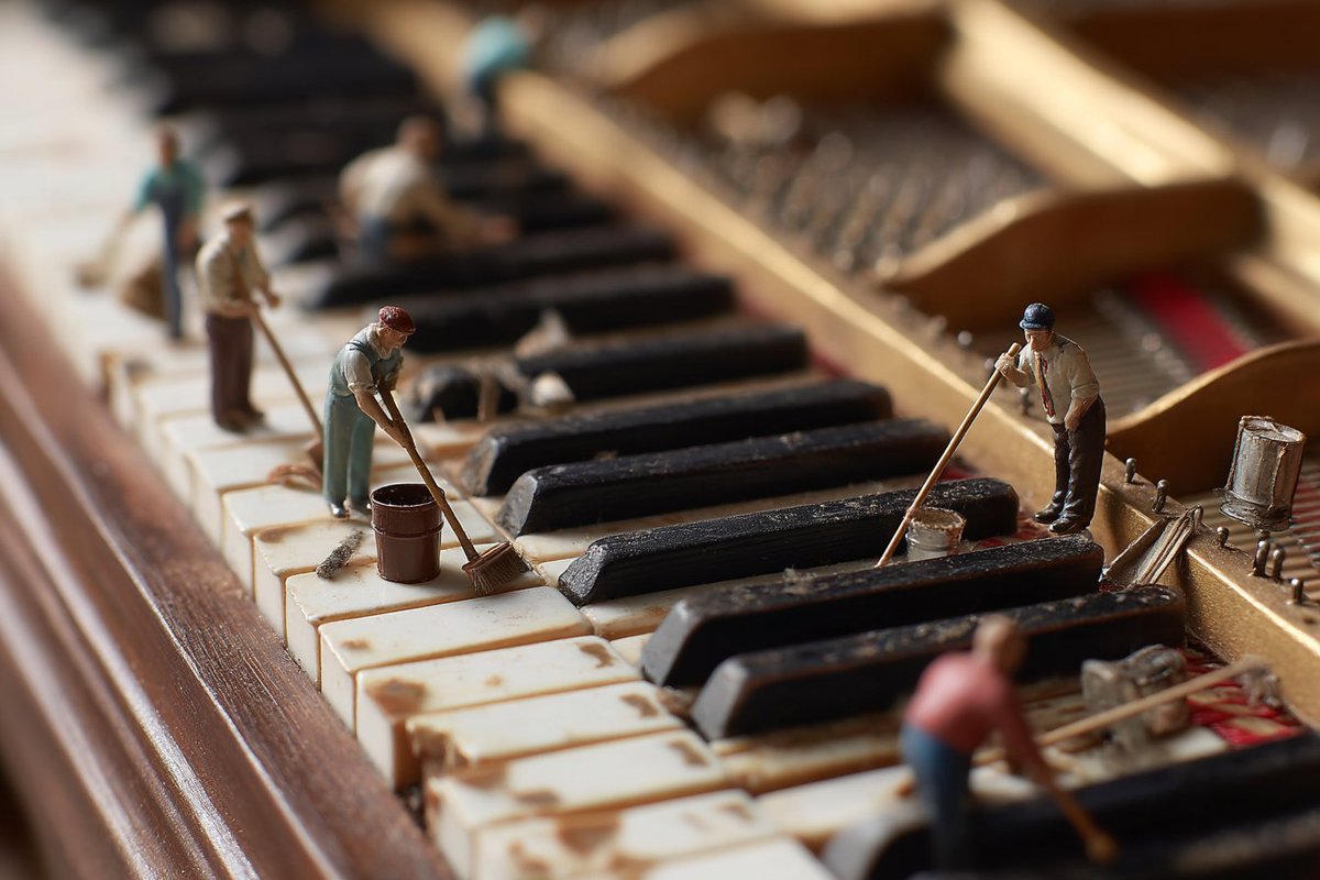 Personcina che pulisce i tasti del pianoforte