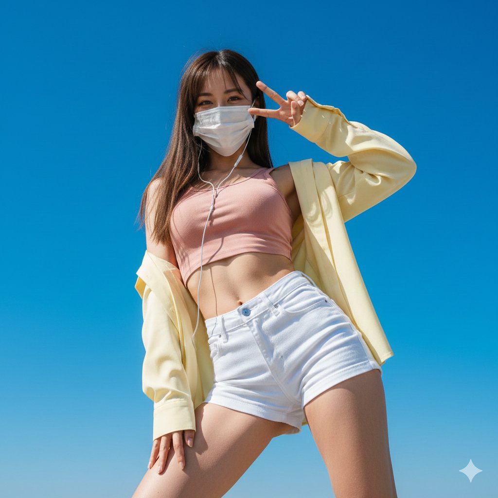 Une fille masquée fait un V avec ses doigts