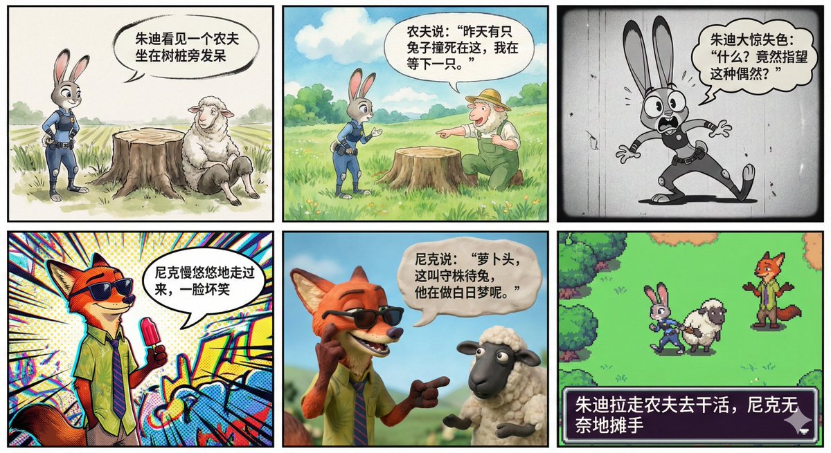 6-teiliger Comic mit unterschiedlichen Stilen pro Feld