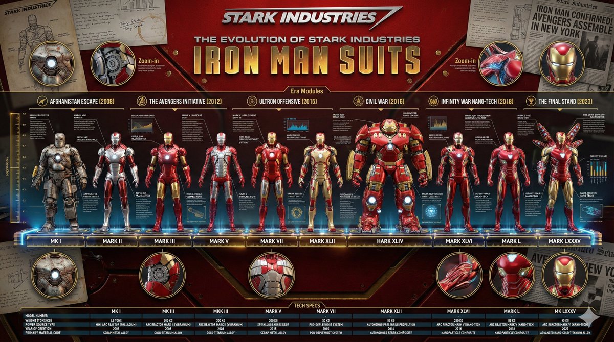 Ewolucja zbroi Iron Mana Stark Industries