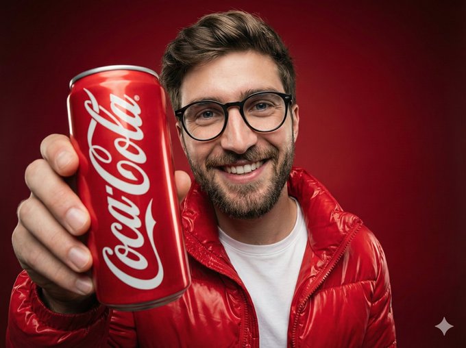 Улыбающийся человек держит алюминиевую банку Coca-Cola