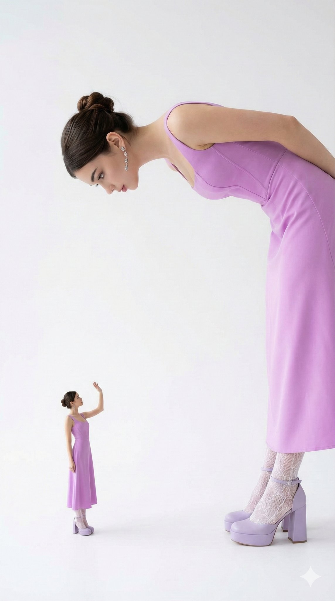 Сравнение пропорций двух версий женщины в сиреневом платье